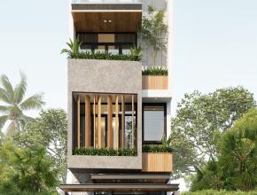 Nhà phố 4 tầng hiện đại với hệ lam gỗ lấy sáng tự nhiên